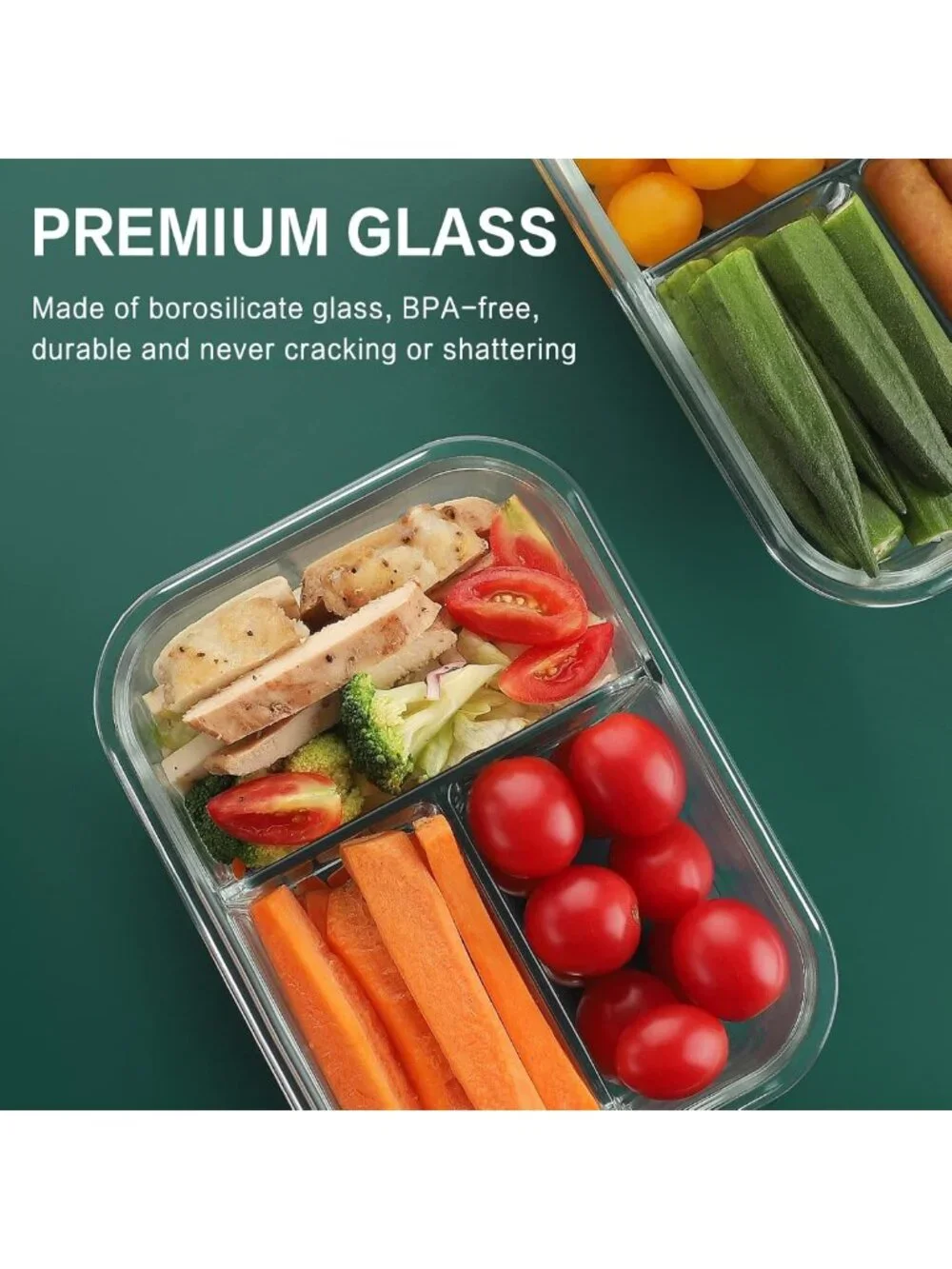 8-Pack Large 36oz Glass Meal Prep Containers with 3 Compartments & Lids